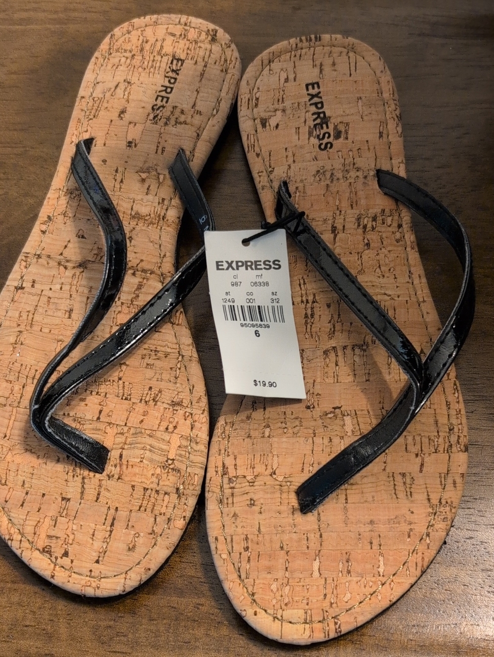 Express Black Patent-Strap Cork-Print Flip Flop Sandals